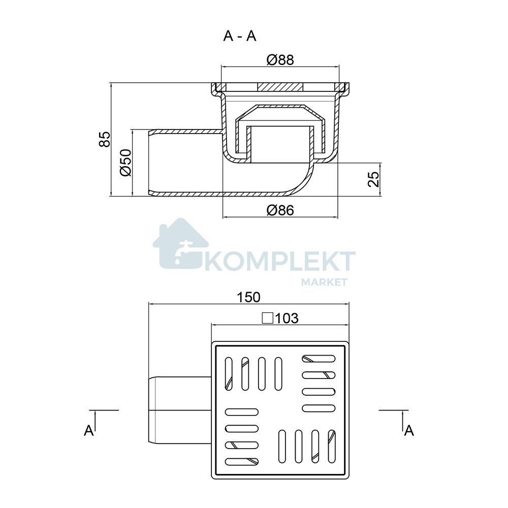 Трап горизонтальний з пластиковою решіткою 103x103 Lidz WHI6007T00300