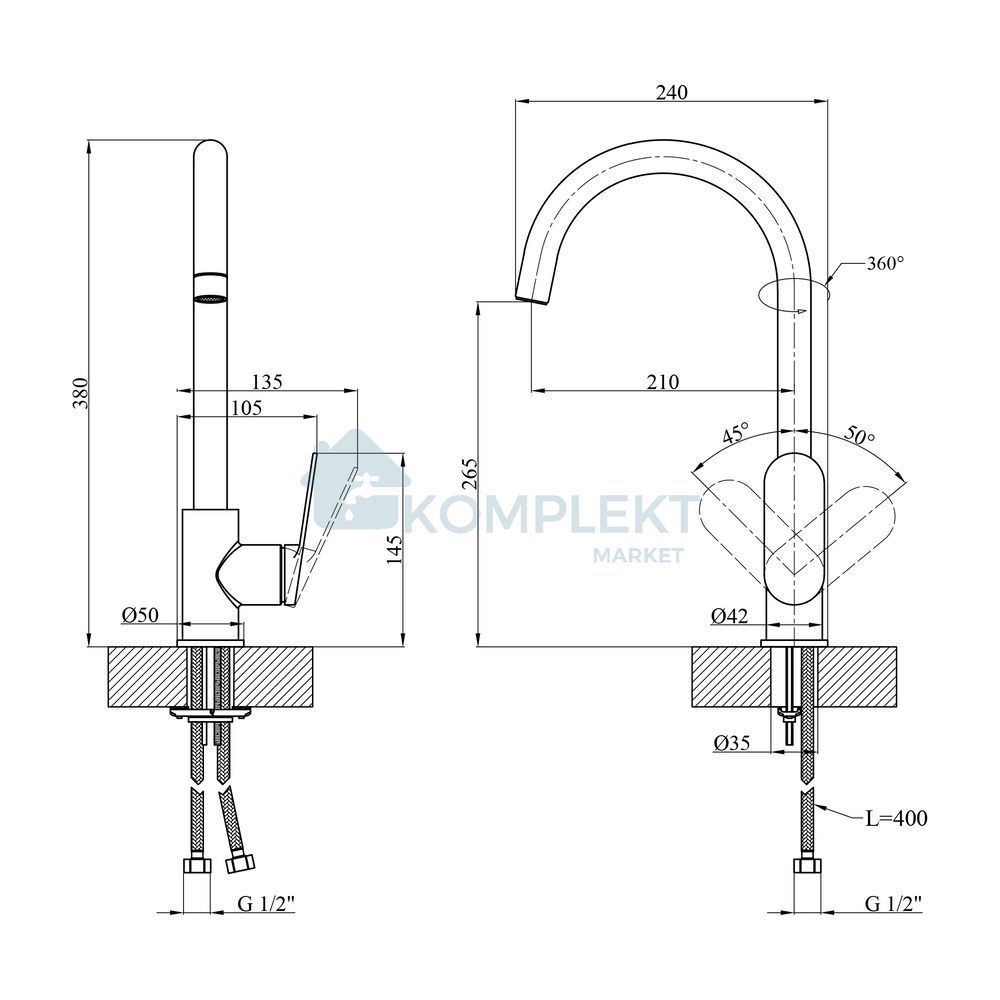 Змішувач для кухні Kroner Element 211512B-5301, латунь, графіт, верхній монтаж