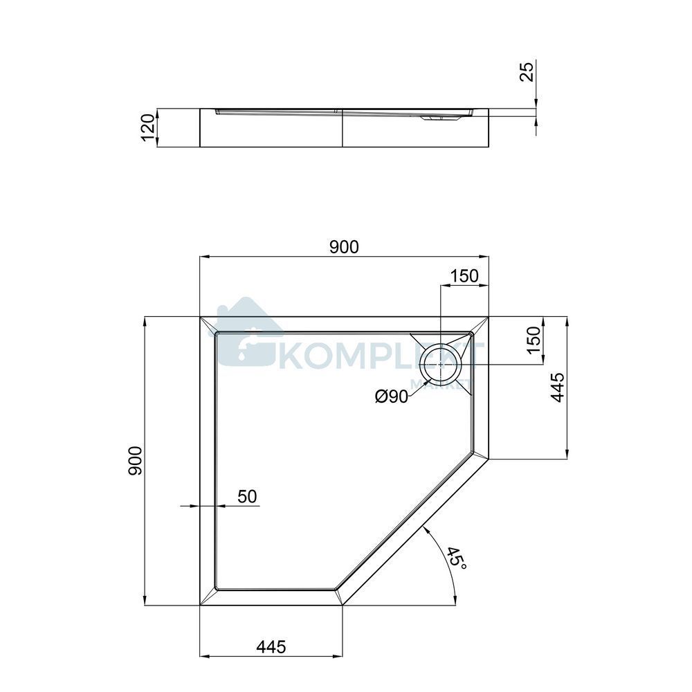 Душовий піддон п'ятикутний 90x90x12см Qtap Diamond 309912 (з сифоном)