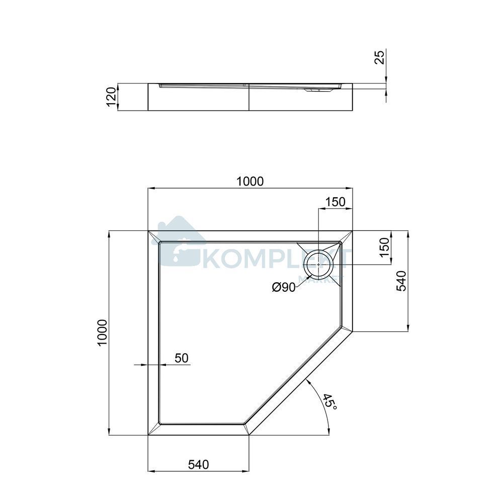 Душовий піддон п'ятикутний 100x100x12см Qtap Diamond 301112 (з сифоном)