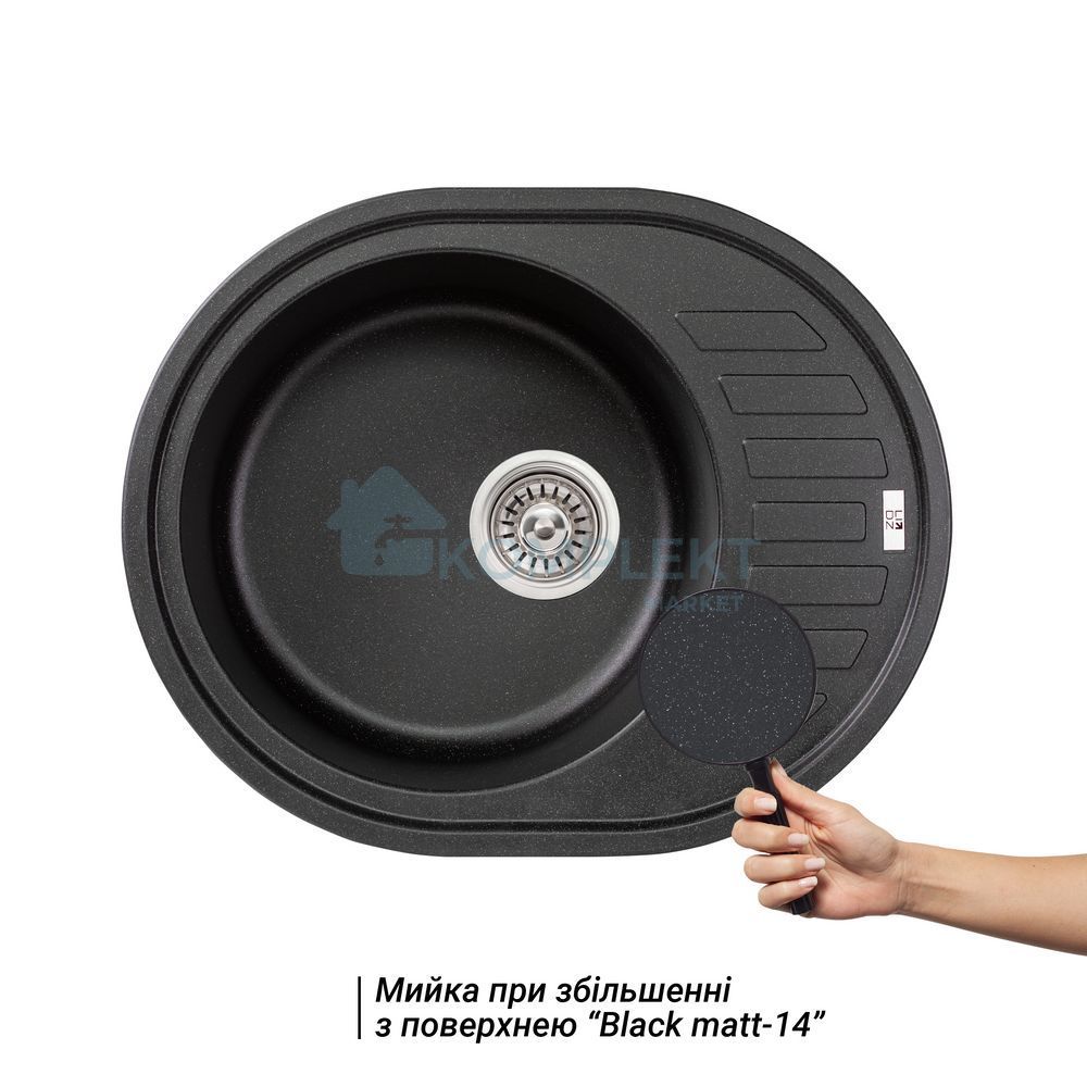 Овальна гранітна мийка з сушкоюLidz 610x495 BLM-14 (чорна матова)