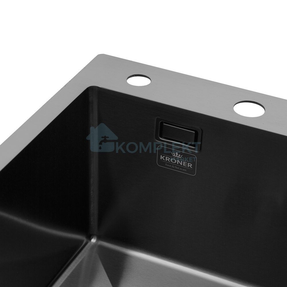 Кухонна мийка Kroner KRP Schwarze 6350LHM 630х500 мм, графіт (PVD), нержавіюча сталь, інтегрована, з правим крилом, 3.0/1.0 мм, з кошиком