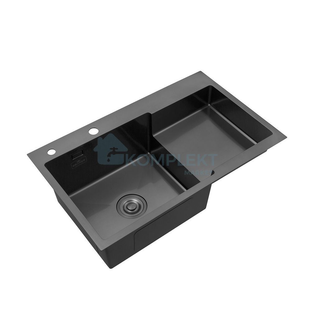 Кухонна мийка Kroner KRP Schwarze 7848LHM 780&times;480 мм, графіт (PVD), нержавіюча сталь, інтегрована, з правим крилом, 3.0/1.0 мм, з кошиком
