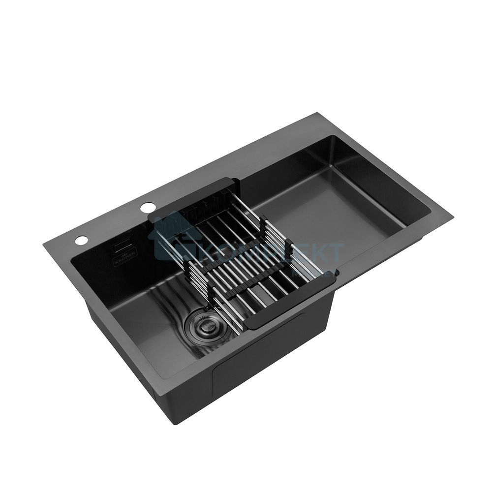 Кухонна мийка Kroner KRP Schwarze 7848LHM 780&times;480 мм, графіт (PVD), нержавіюча сталь, інтегрована, з правим крилом, 3.0/1.0 мм, з кошиком